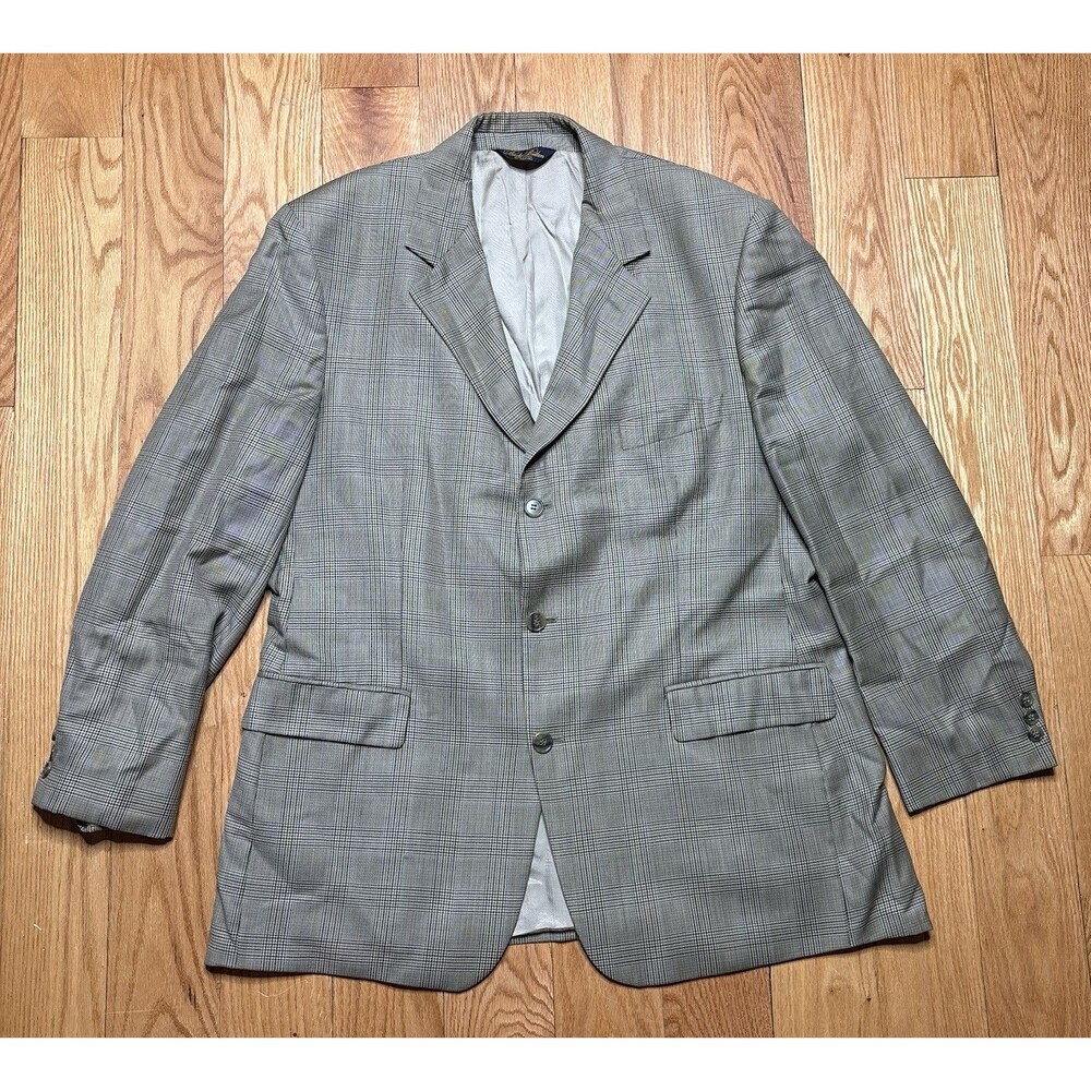 Brooks Brothers Beige Plaid Windowpane Sport Jacket Blazer Size 44R Wool 3 Butt